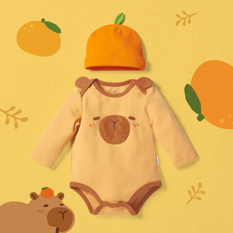 Kawaii Capybara Long-Sleeve Bodysuit with Hat