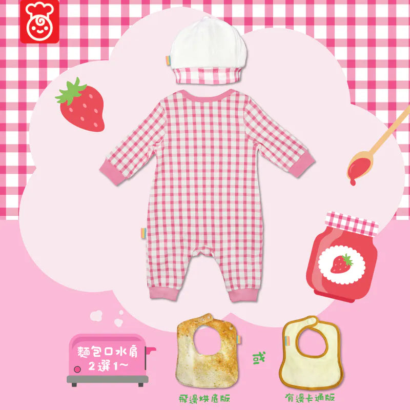 OMYMONSTER Pink Little Baker Jumpsuit with Hat (Cartoon Graphic Bib/ Toasted Bread Style Bib)