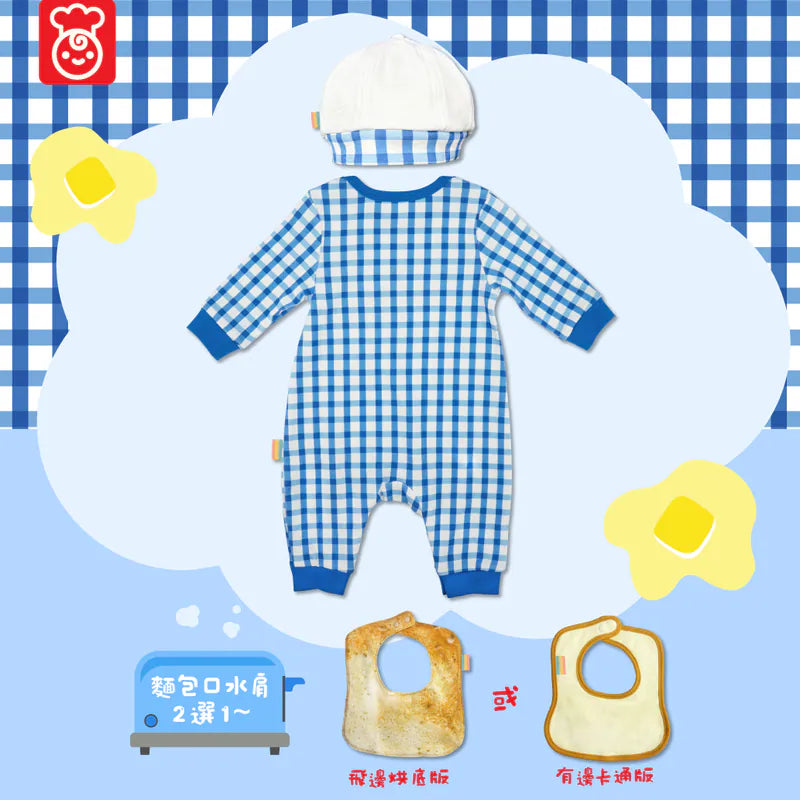 OMYMONSTER Pink Little Baker Jumpsuit with Hat (Cartoon Graphic Bib/ Toasted Bread Style Bib)