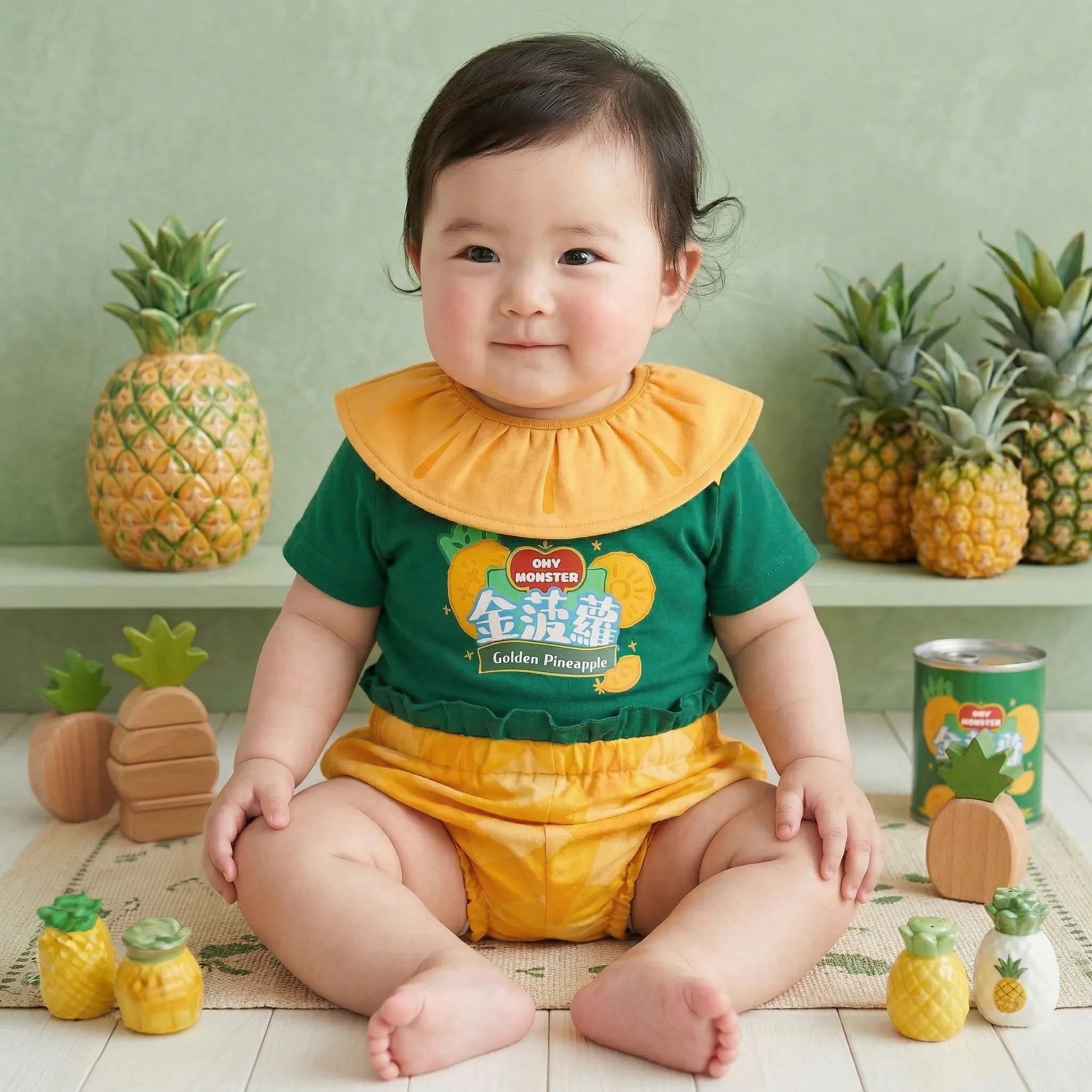 OMYMONSTER Golden Pineapple Short-Sleeve Set with Hat