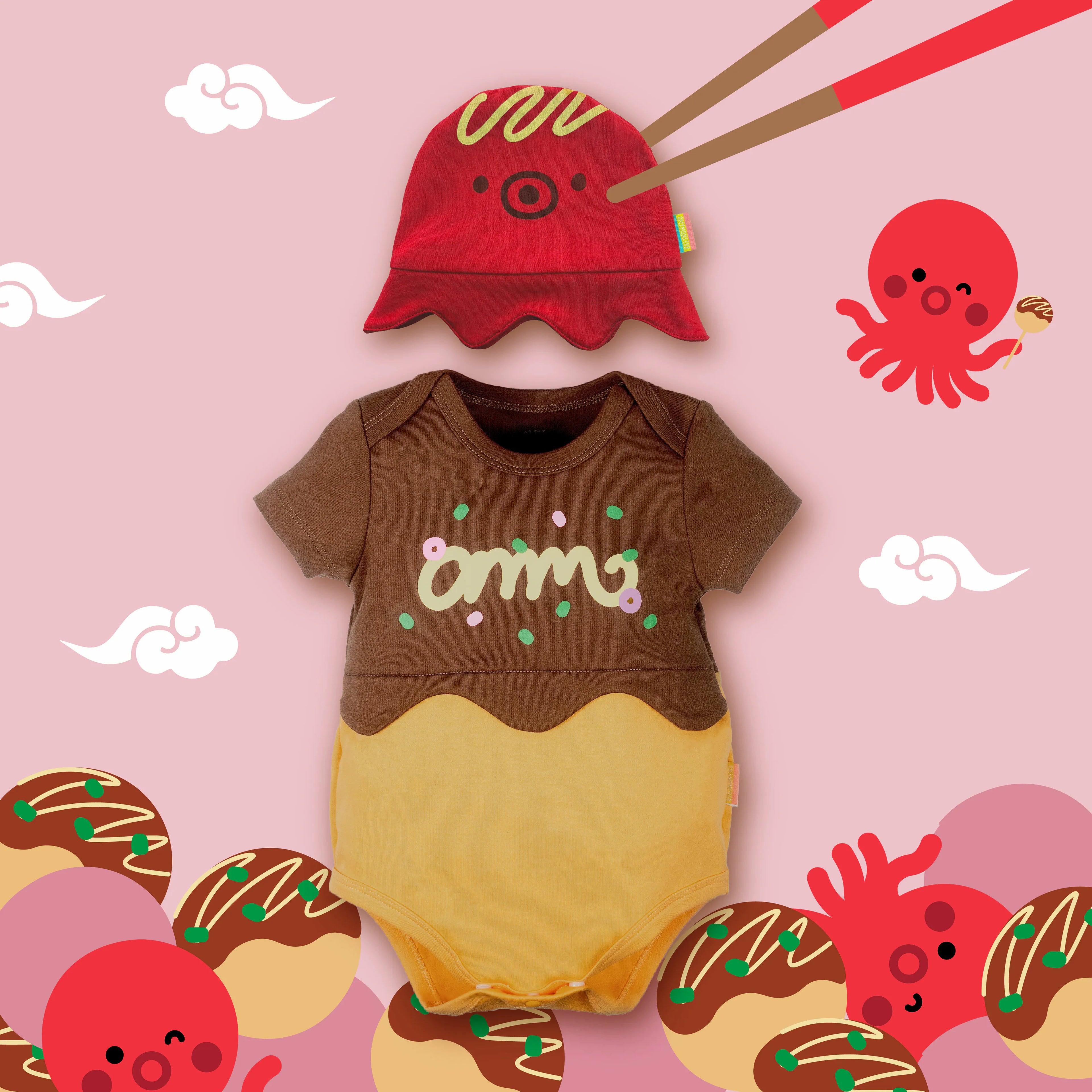 OMYMONSTER Clever Takoyaki Baby Short-Sleeve Bodysuit with Hat