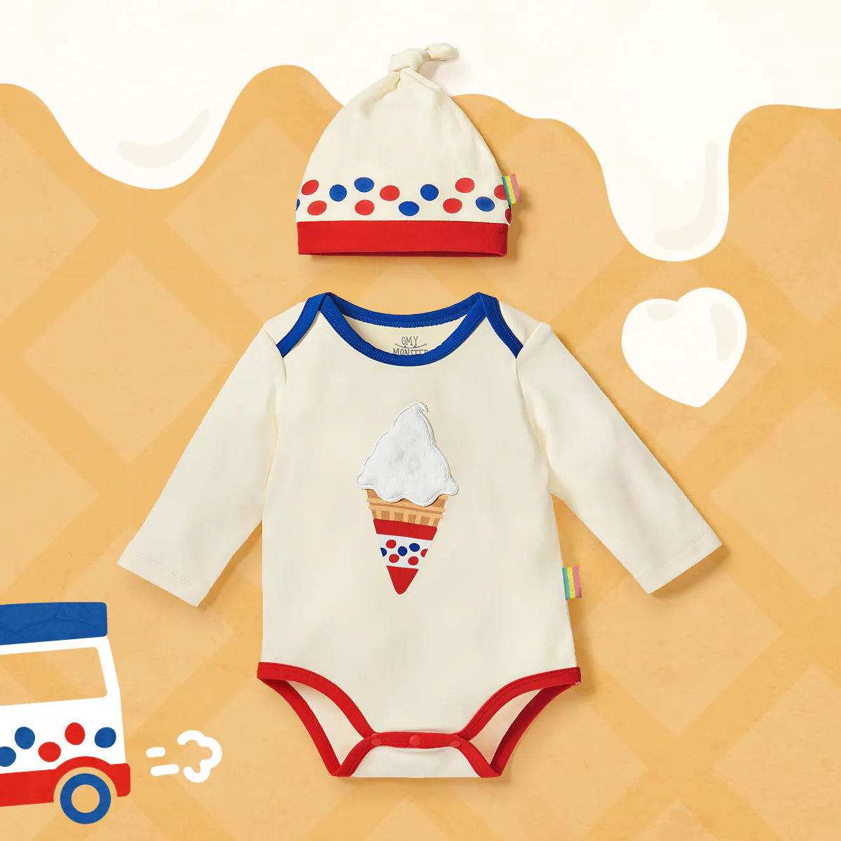 OMYMONSTER Ice-Cream Baby In An Abundance Of Love Long-Sleeve Bodysuit with Hat