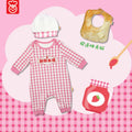 OMYMONSTER Pink Little Baker Jumpsuit with Hat (Cartoon Graphic Bib/ Toasted Bread Style Bib)